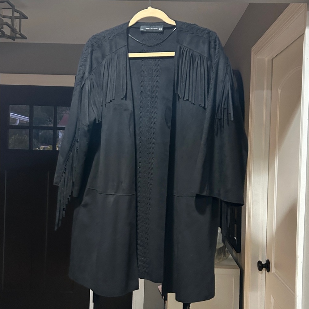 Zara Black Embroidered faux suede jacket with long fringe